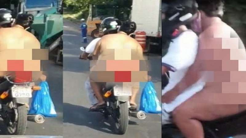 video homem e flagrado transportando mulher totalmente despida em motocicleta