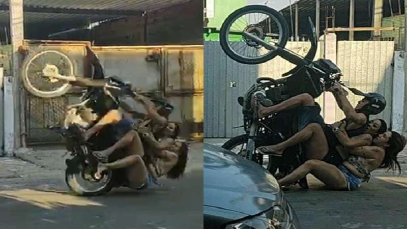 motociclista empina moto com duas mulheres e o pior acontece veja video